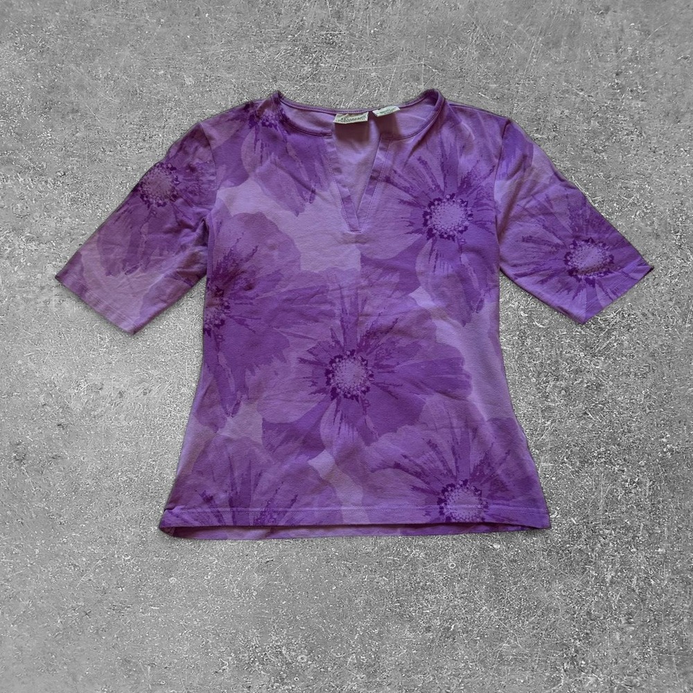 St John's Bay Purple Floral Split Neck Blouse Top Womens Medium